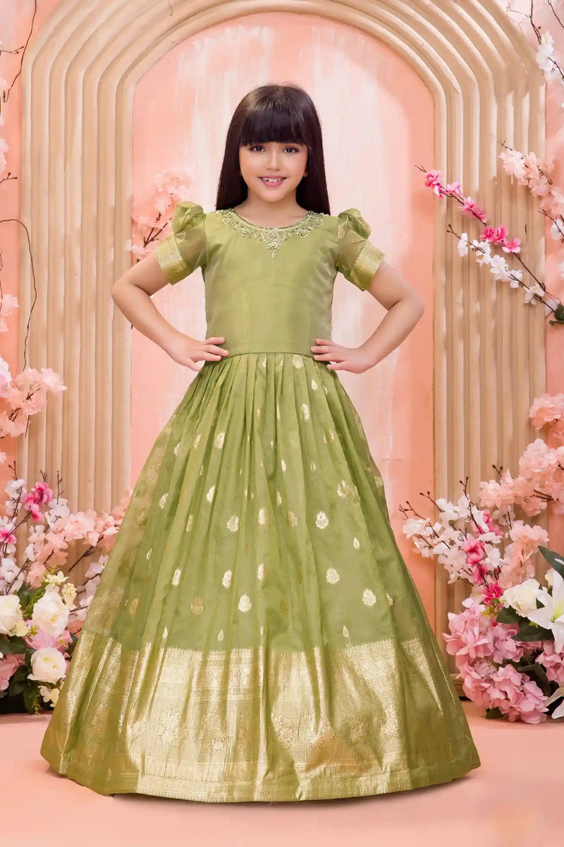 Olive Green Silk Ethnic Gown For Girls