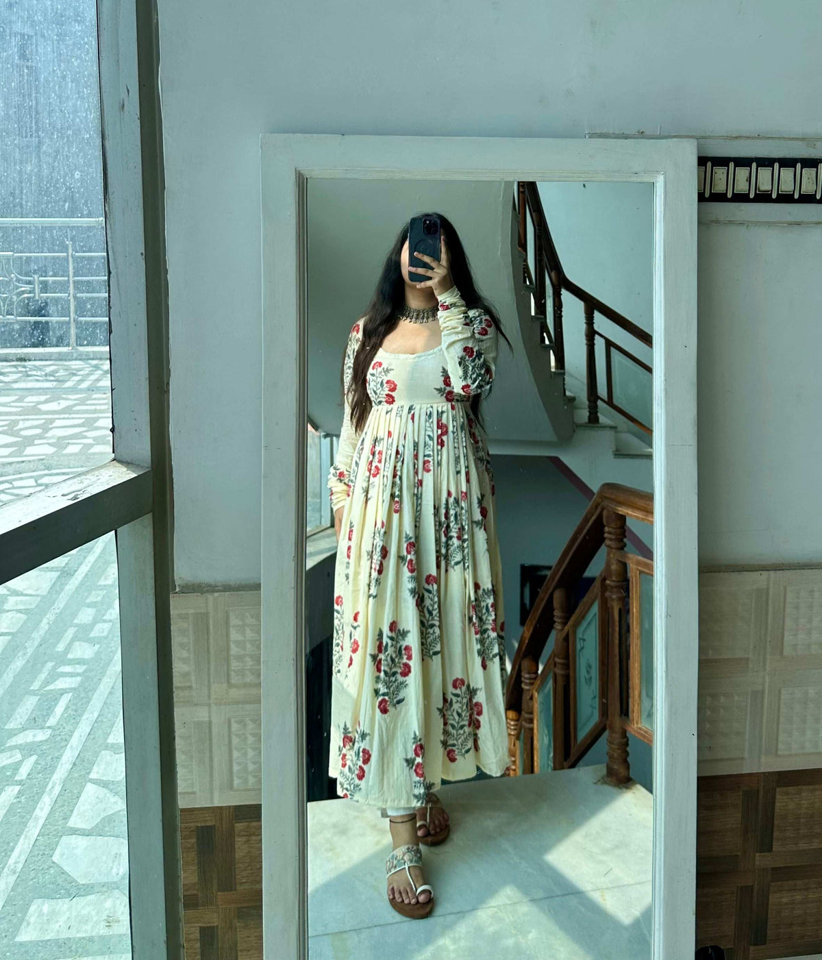 Beige Cotton Printed Reem Gher Kameez