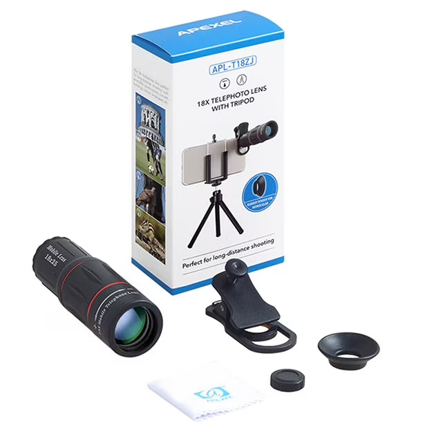 Apexel 18x Super Zoom Mobile Smartphone Lens + Macro + Wide Angle + Fisheye Lens Combo engape19 Zoom - APEXEL INDIA - Mobile Lens - Mobile Camera Lens - Cellphone Accessories - Phone Lens - Smartphone Lens