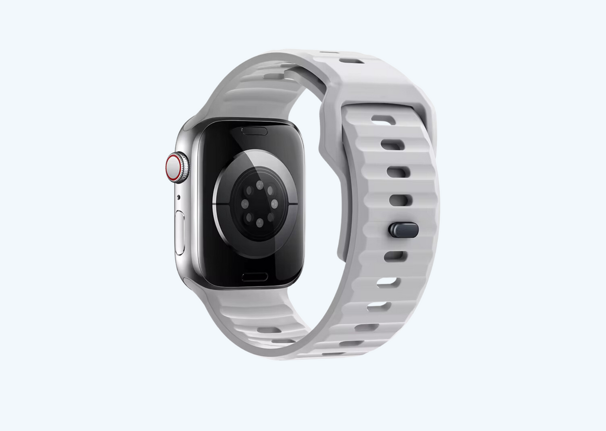 Aqua Ash Grey Rugged Silicone Apple Watch Band with Pin & Tuck Closure.