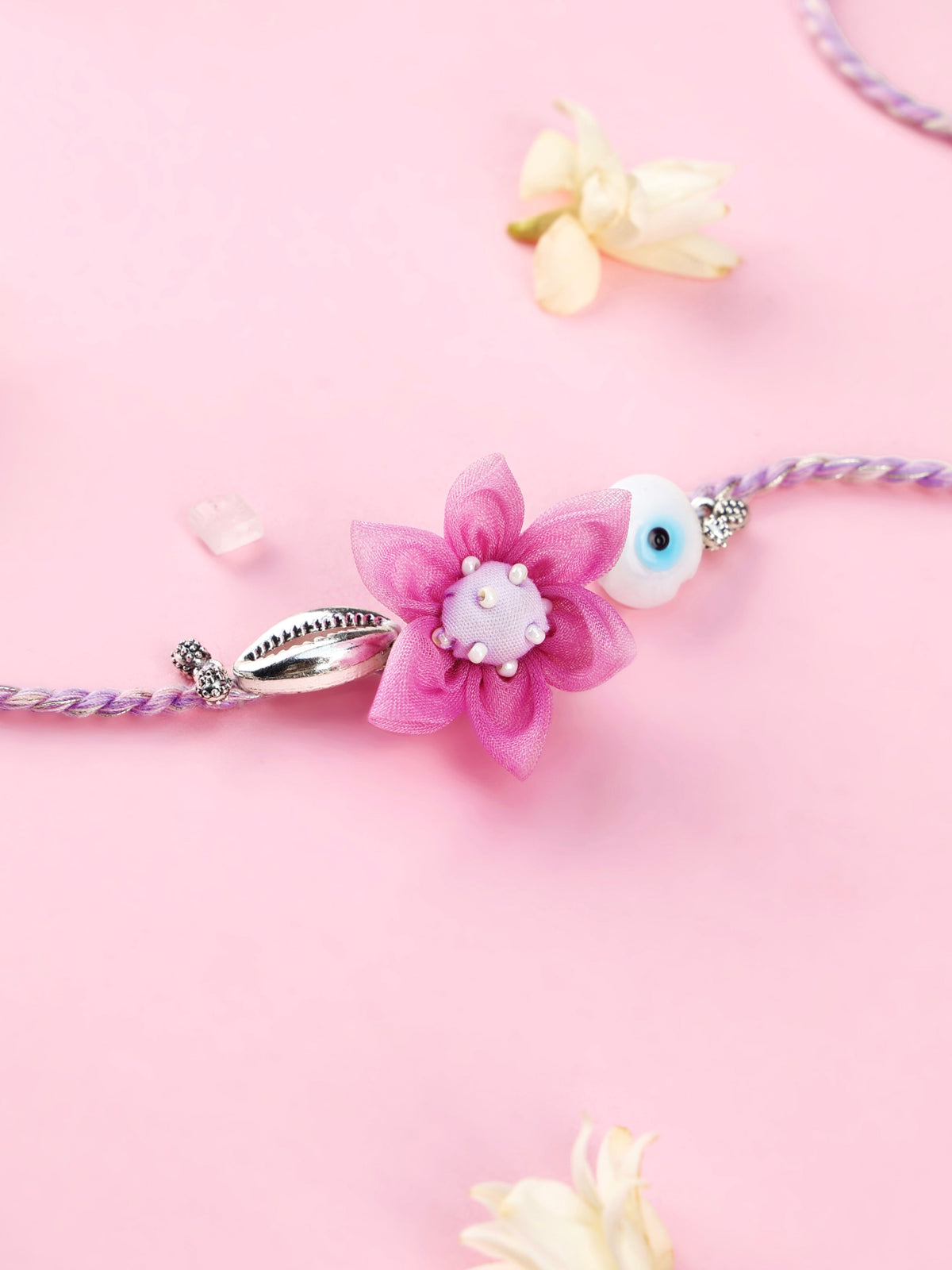 Floral Lilac Evil Eye Rakhi and Floral Cowrie Shell Pink Lumba