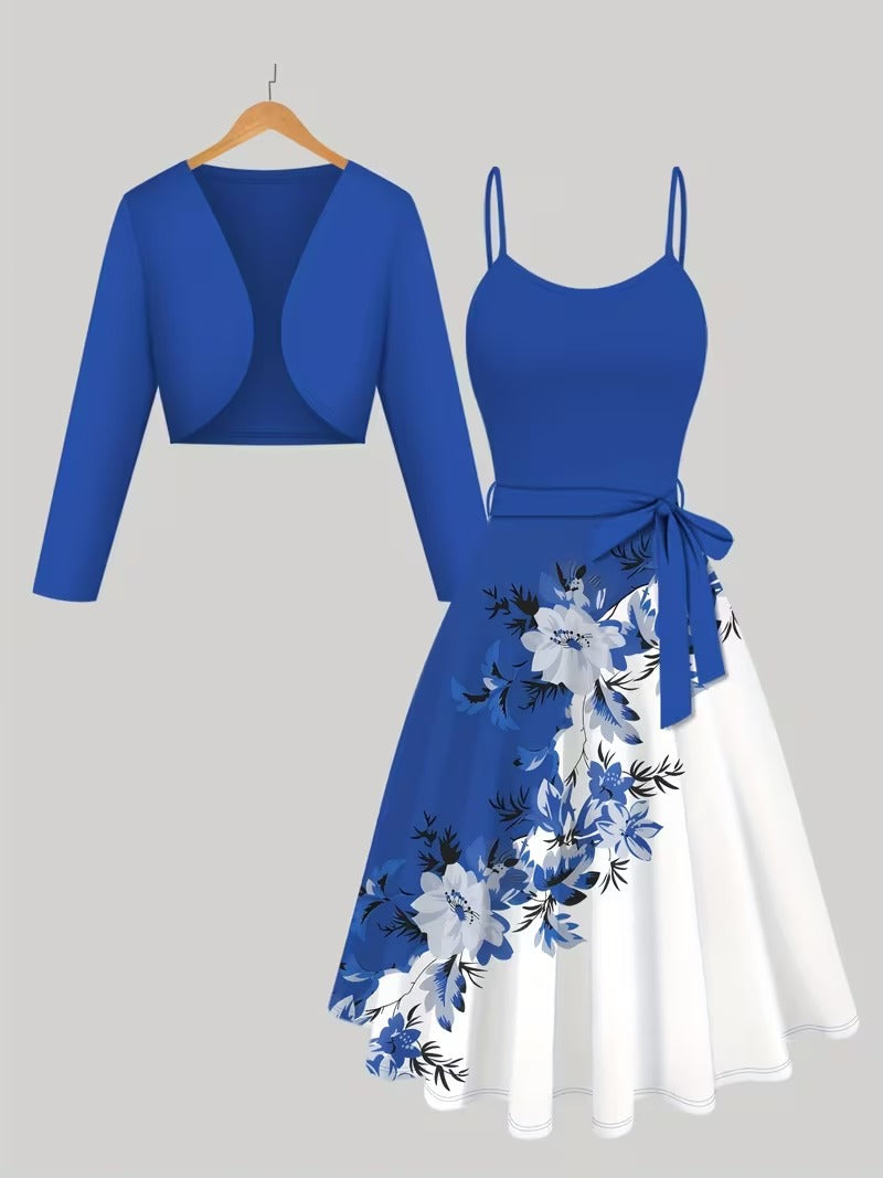 Amara Floral Midi Dress with Shrug | Blue Cardigan Jacket with Floral Suspender Dress Set