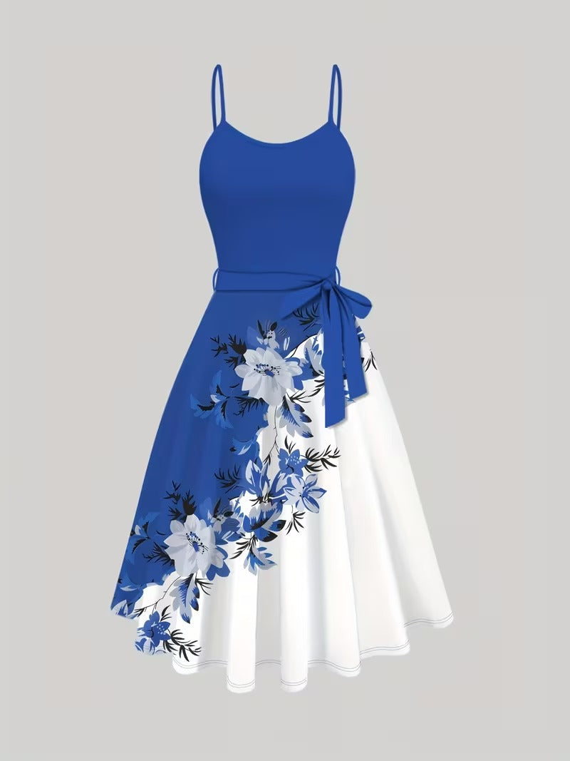 Amara Floral Midi Dress with Shrug | Blue Cardigan Jacket with Floral Suspender Dress Set