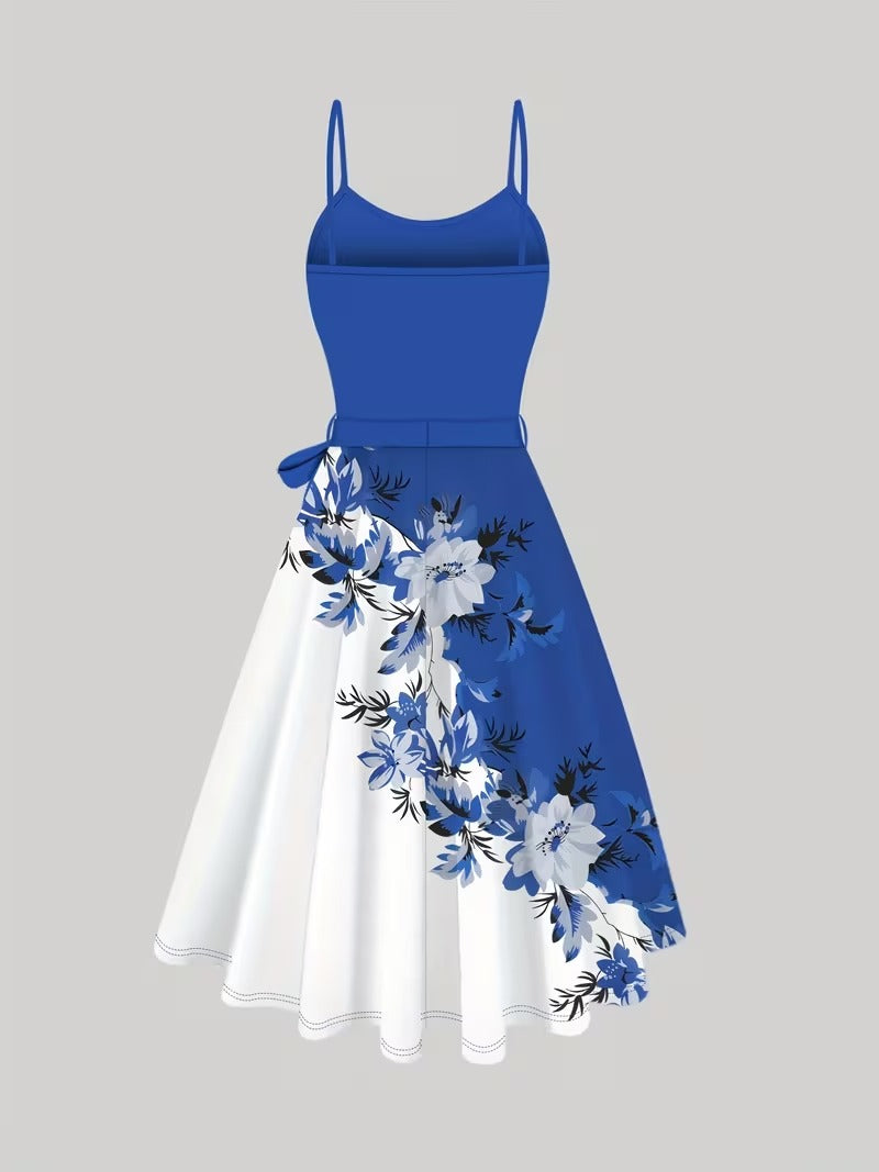 Amara Floral Midi Dress with Shrug | Blue Cardigan Jacket with Floral Suspender Dress Set