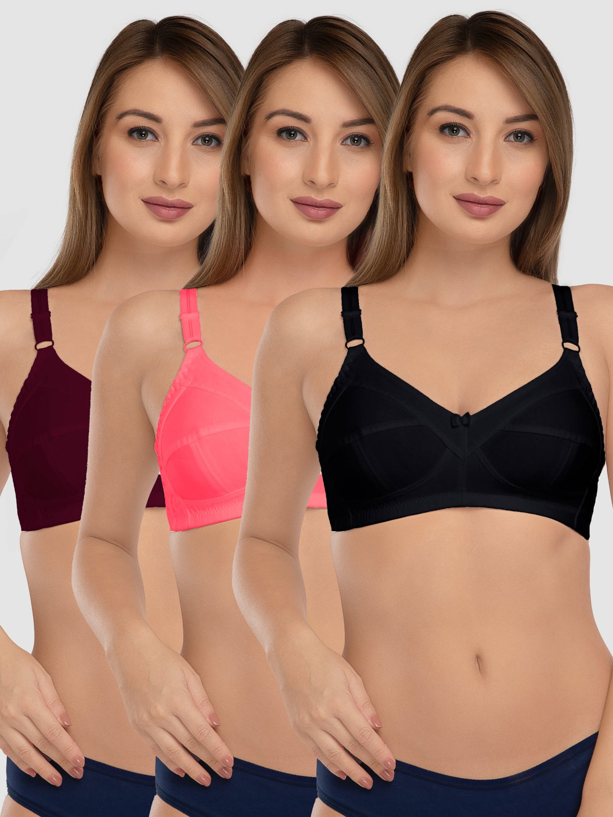 Daisy Dee Multicolor Non Padded Non Wired Full Coverage Bra Pack of 3 - SHAPE UP_3PK_BLACK/CARROT/D MAROON