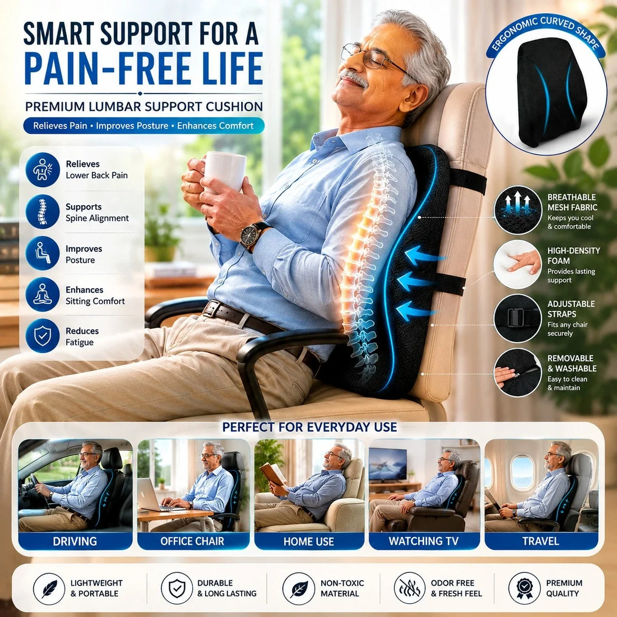 Back Rest for Chair Memory Foam Backrest Cushion Lumbar Support Pain Relief Pillow for Office Chair and Car Seat Mesh Breathable Cover JSB MF10