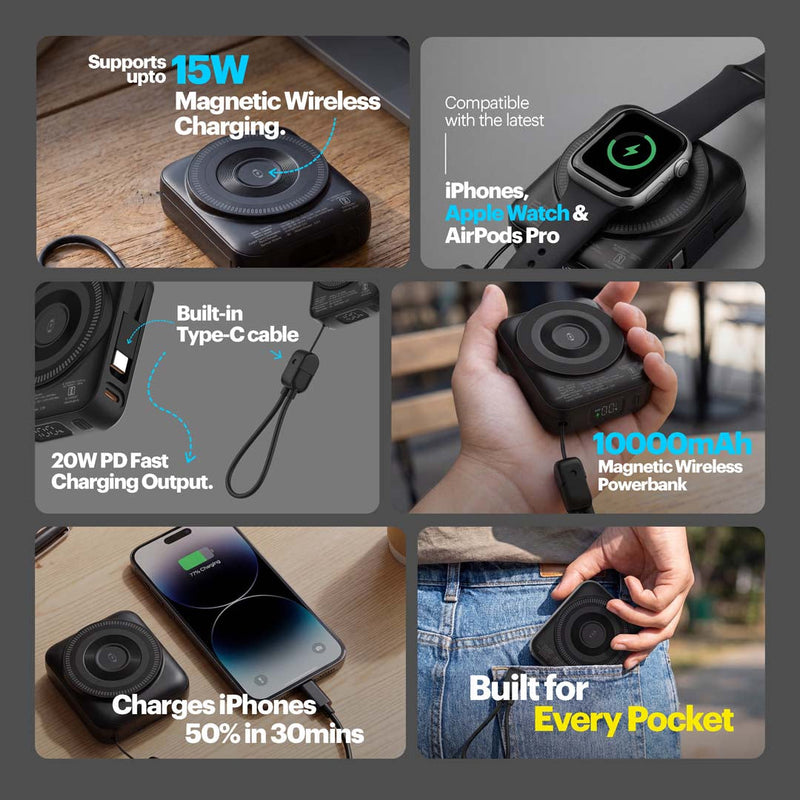 Omni Go 10000mAh Magnetic Wireless Powerbank with Built-in Type-C Cable