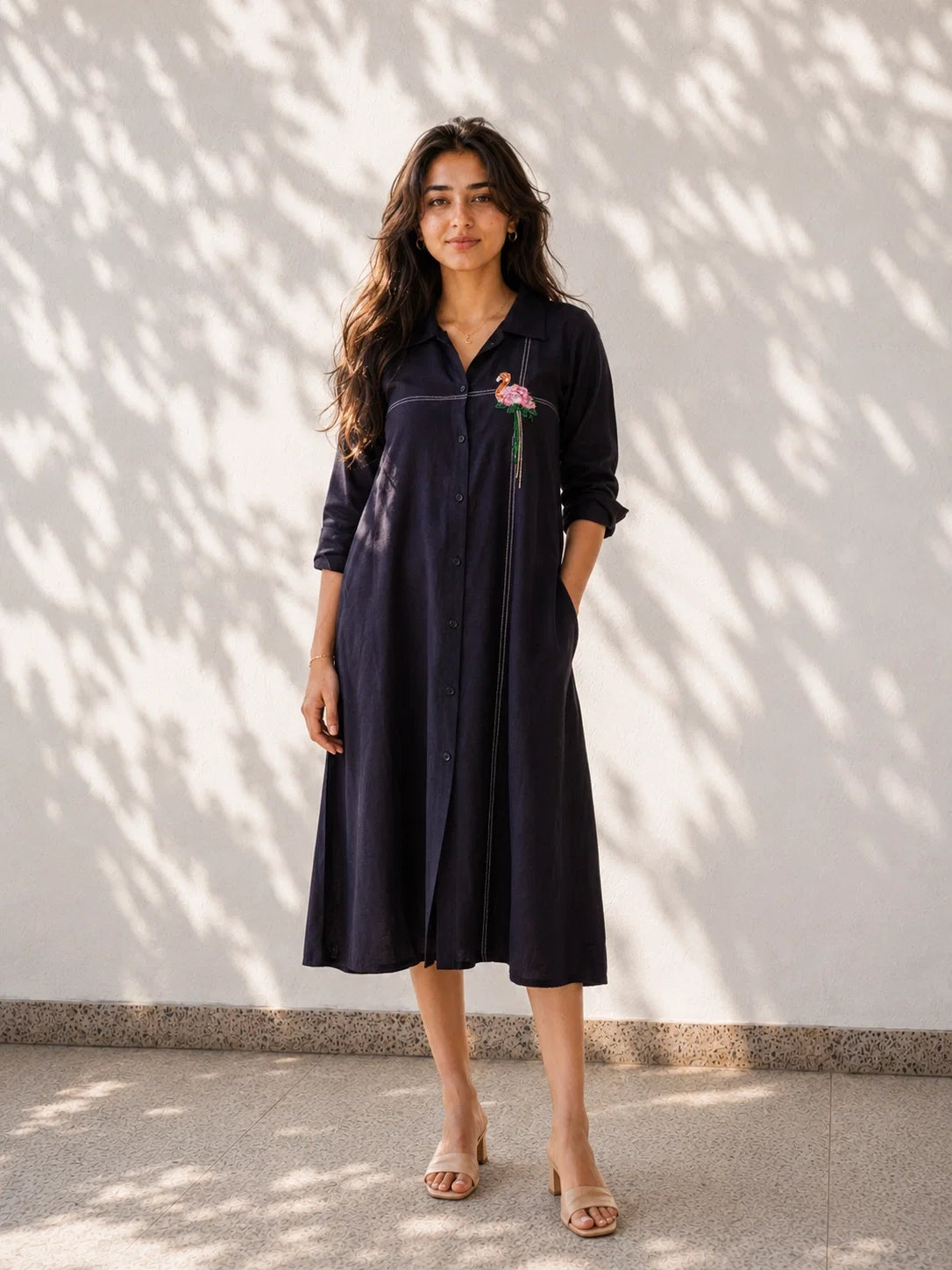 Black Cotton Dress - Flamingo Embroidery
