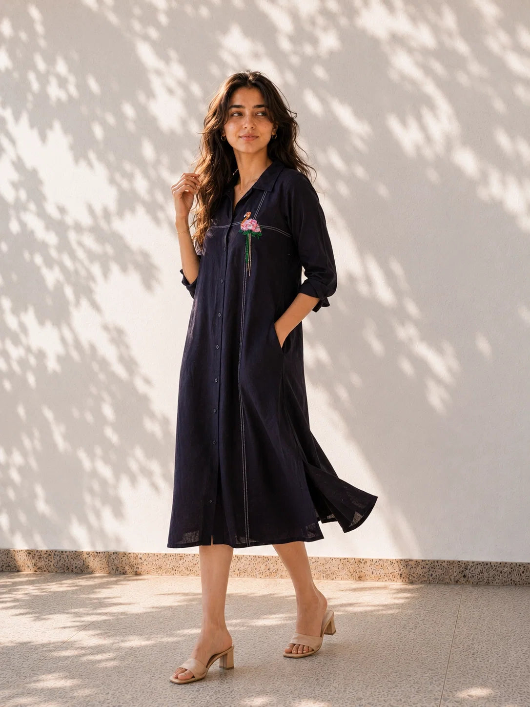 Black Cotton Dress - Flamingo Embroidery