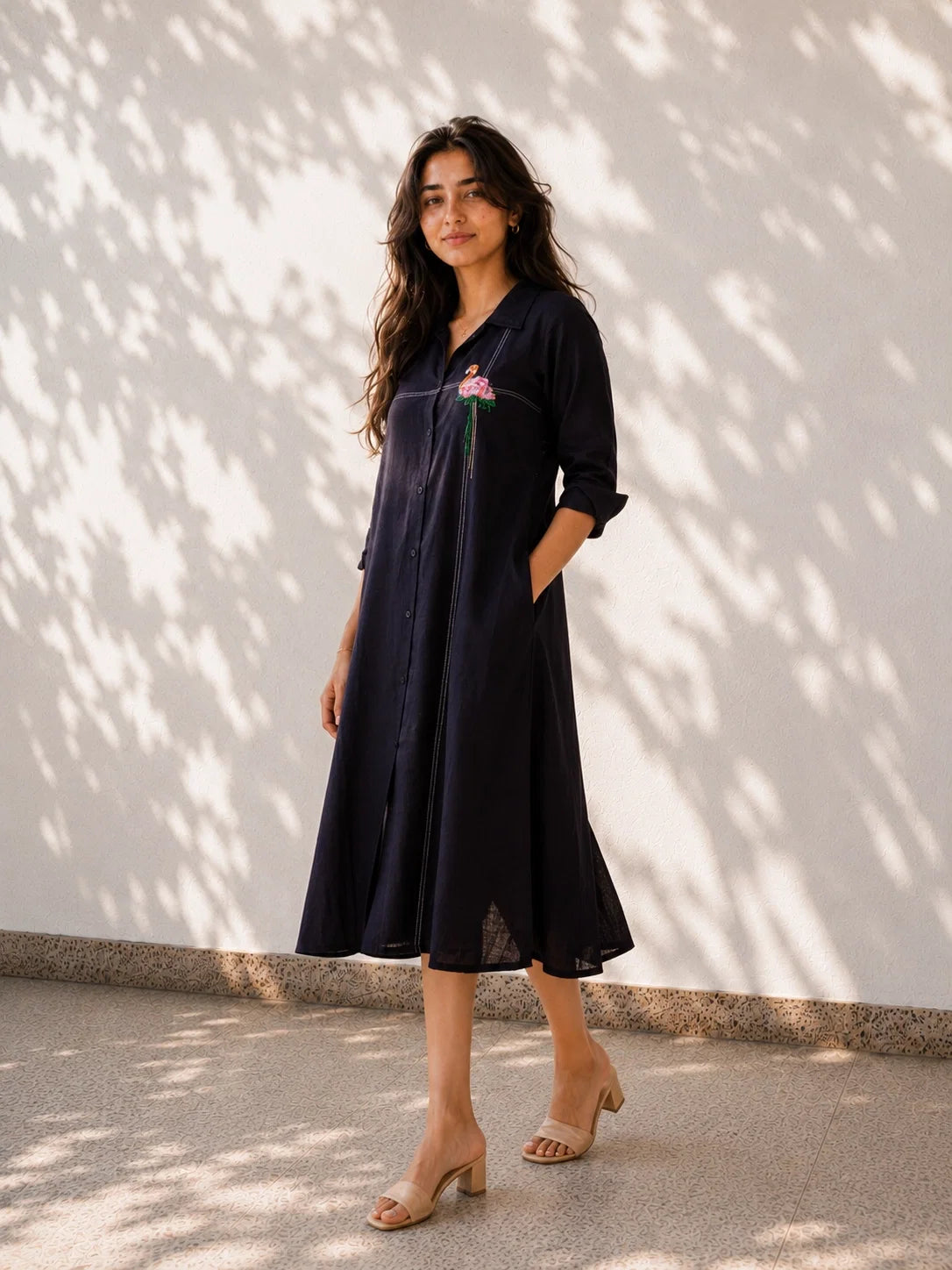 Black Cotton Dress - Flamingo Embroidery