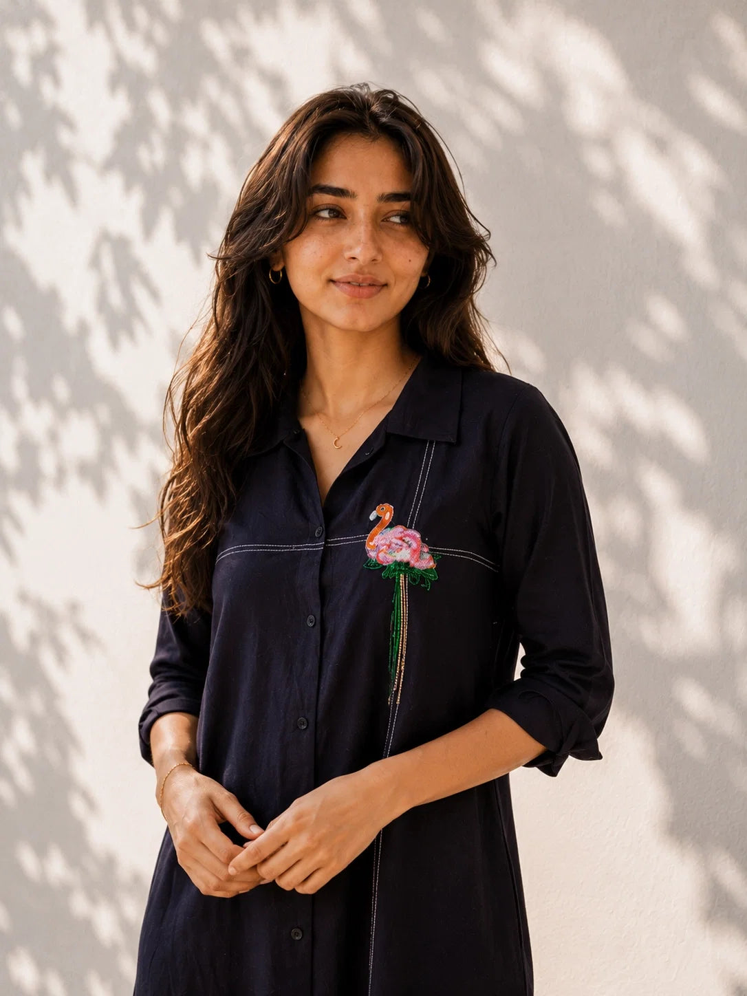 Black Cotton Dress - Flamingo Embroidery