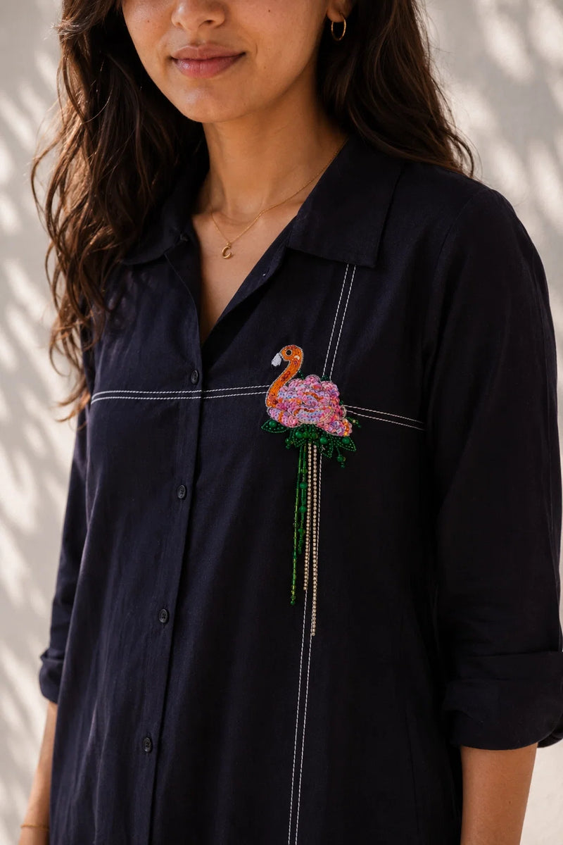 Black Cotton Dress - Flamingo Embroidery