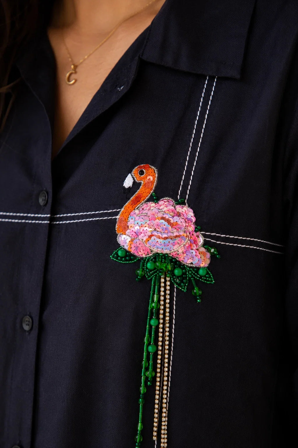 Black Cotton Dress - Flamingo Embroidery