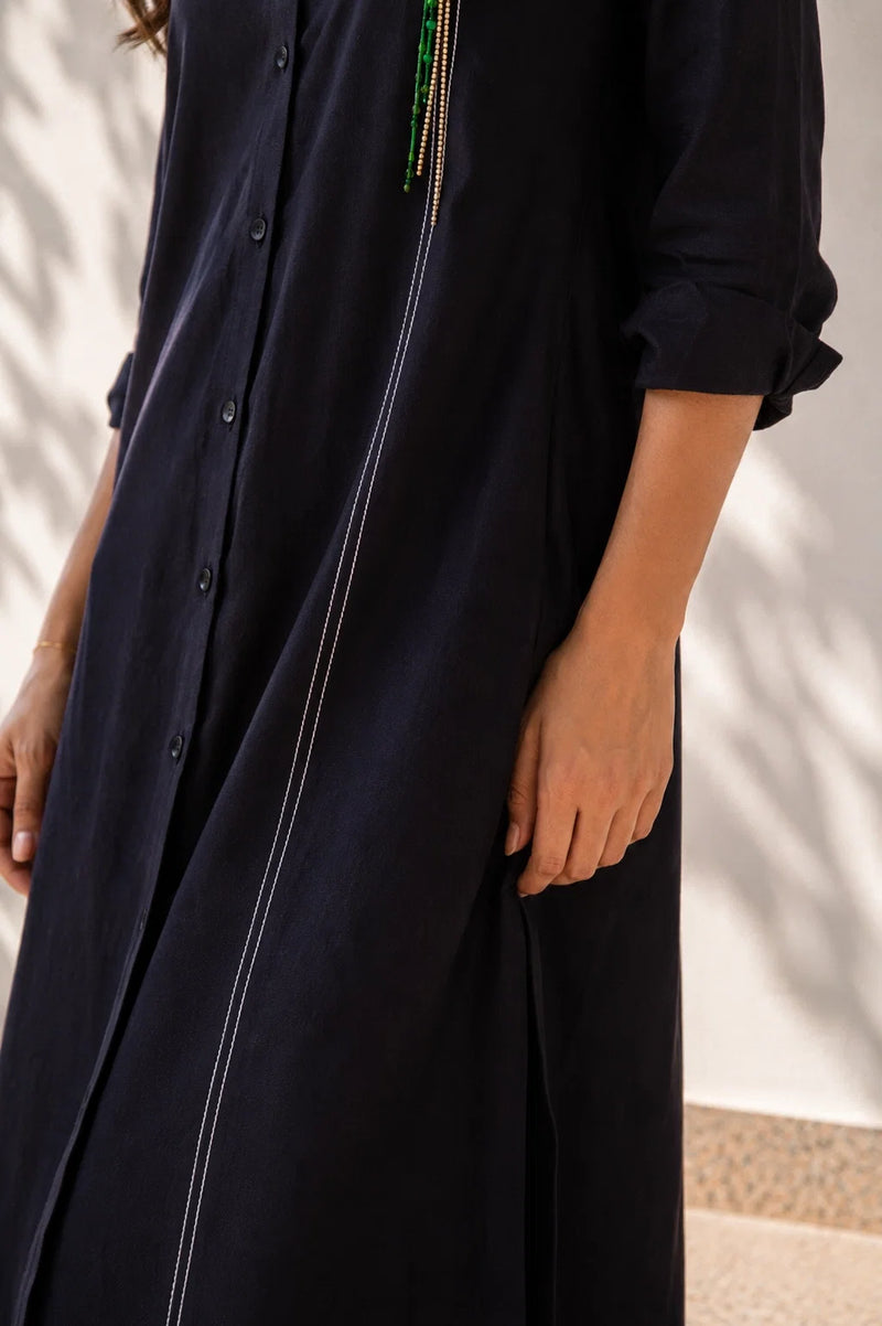 Black Cotton Dress - Flamingo Embroidery