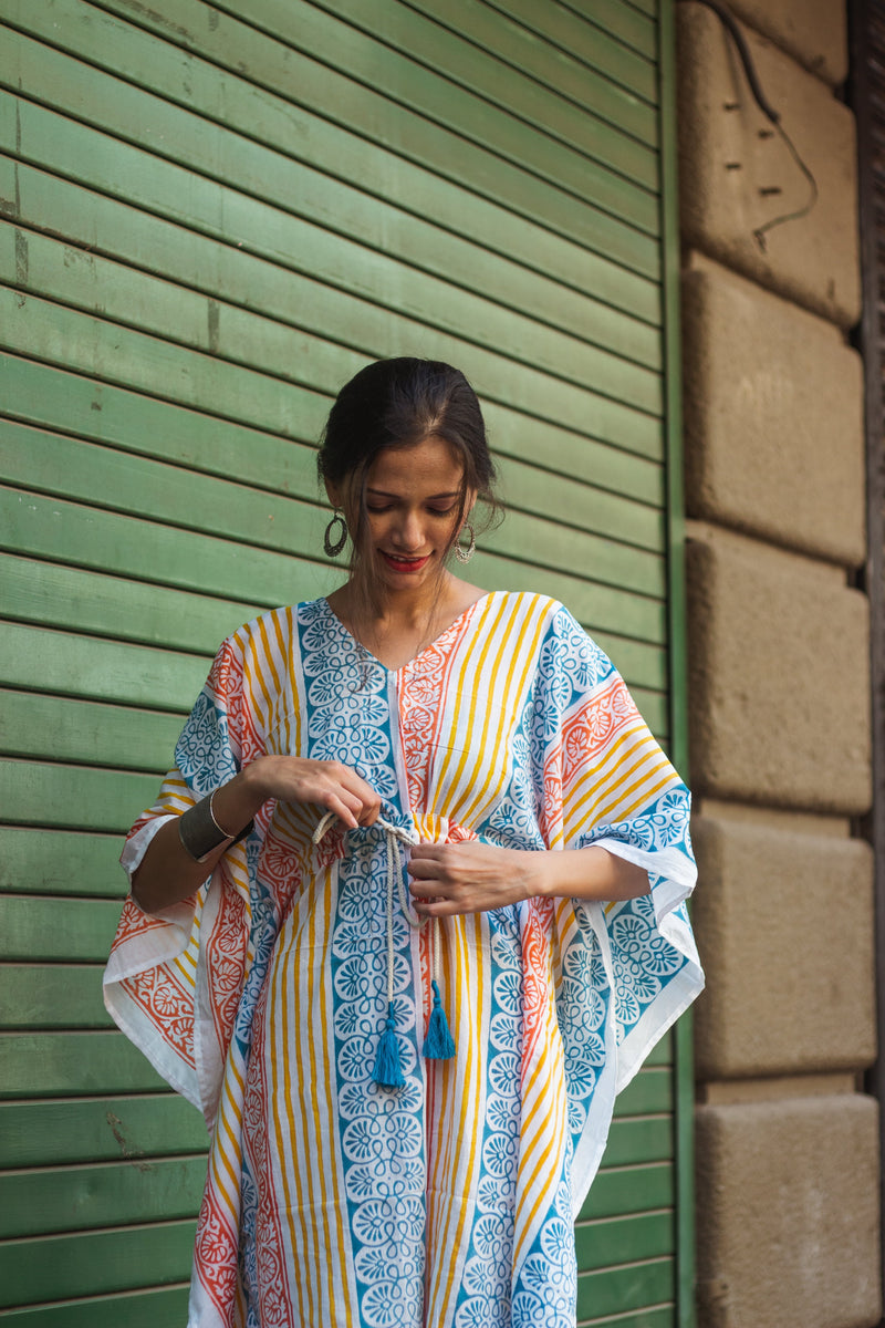 Block Printed Cotton Mul Kaftan Tunic/ Dress · Beachy Vibes-5