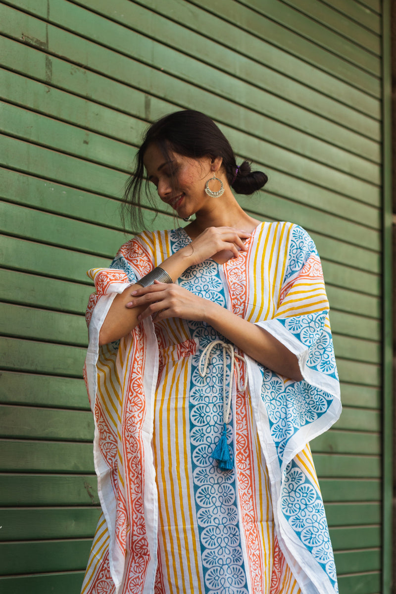 Block Printed Cotton Mul Kaftan Tunic/ Dress · Beachy Vibes-2