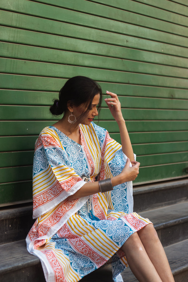 Block Printed Cotton Mul Kaftan Tunic/ Dress · Beachy Vibes-6