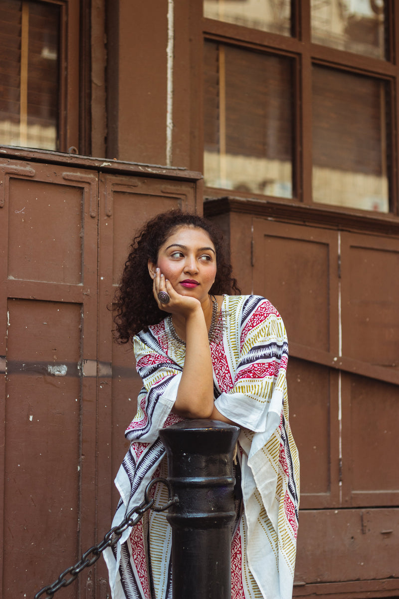 Block Printed Cotton Mul Kaftan Tunic/ Dress · Earthy Tones-3