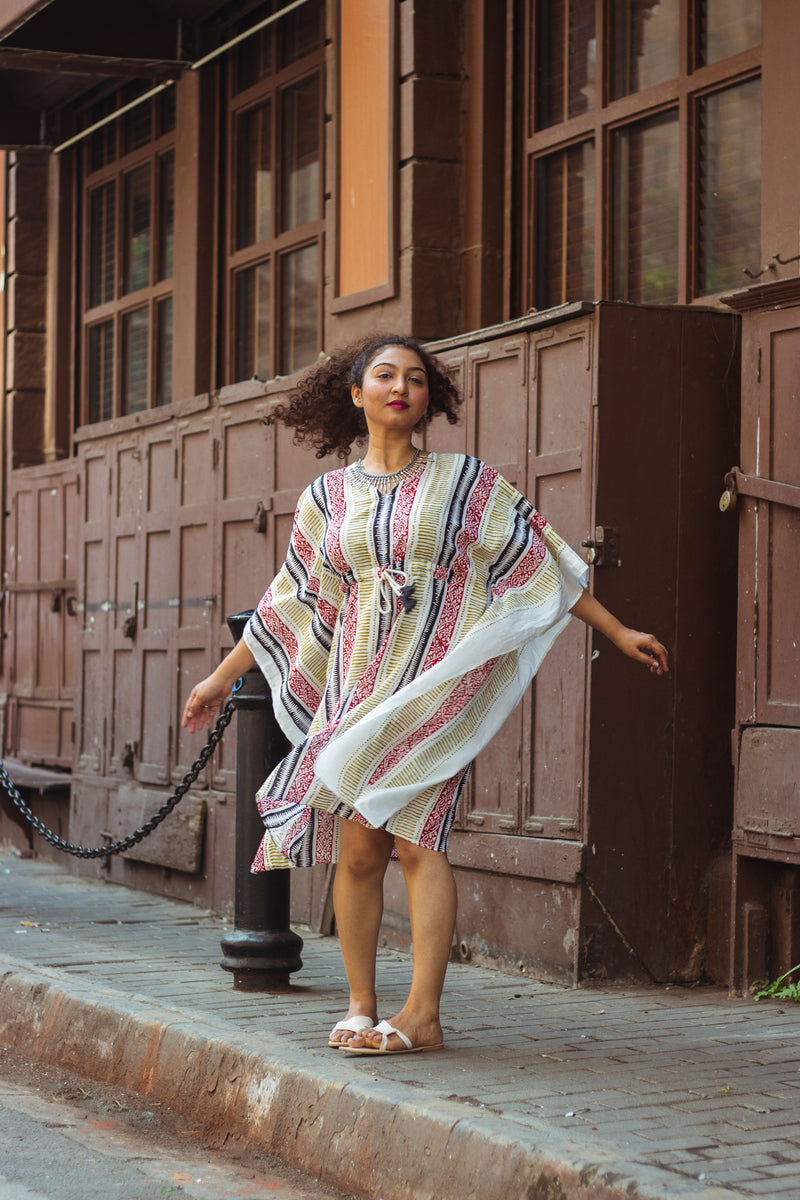 Block Printed Cotton Mul Kaftan Tunic/ Dress · Earthy Tones-6