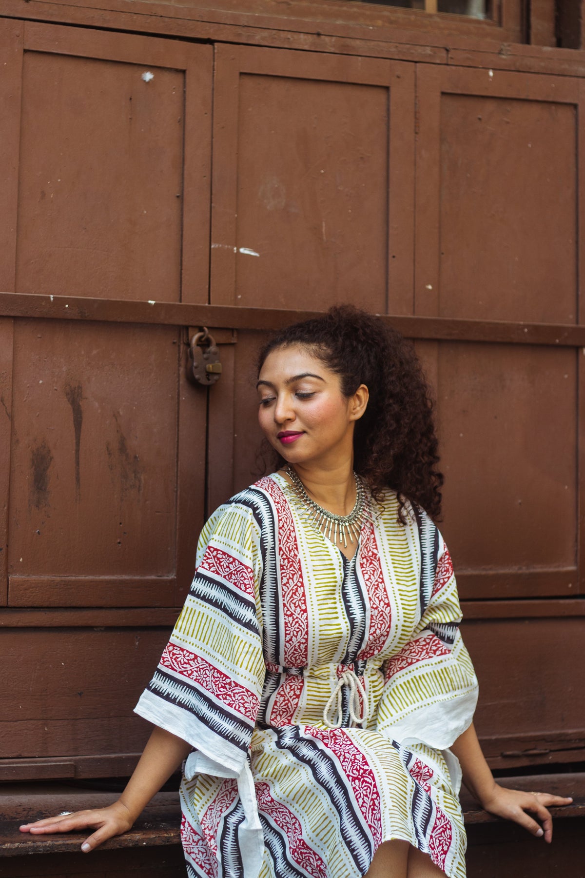Block Printed Cotton Mul Kaftan Tunic/ Dress · Earthy Tones-2