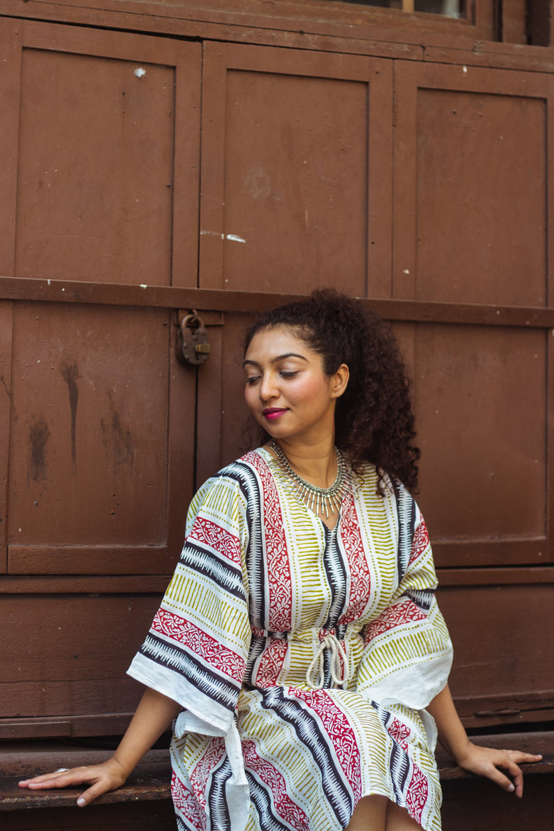 Block Printed Cotton Mul Kaftan Tunic/ Dress · Earthy Tones-2