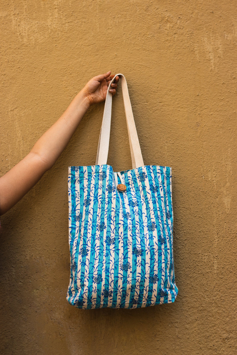 Cotton Shopping Tote Bag · Flowers With Stripes Blue-1