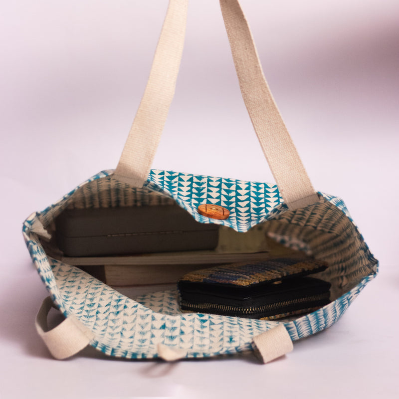Cotton Shopping Tote Bag · Flowers With Stripes Blue-2