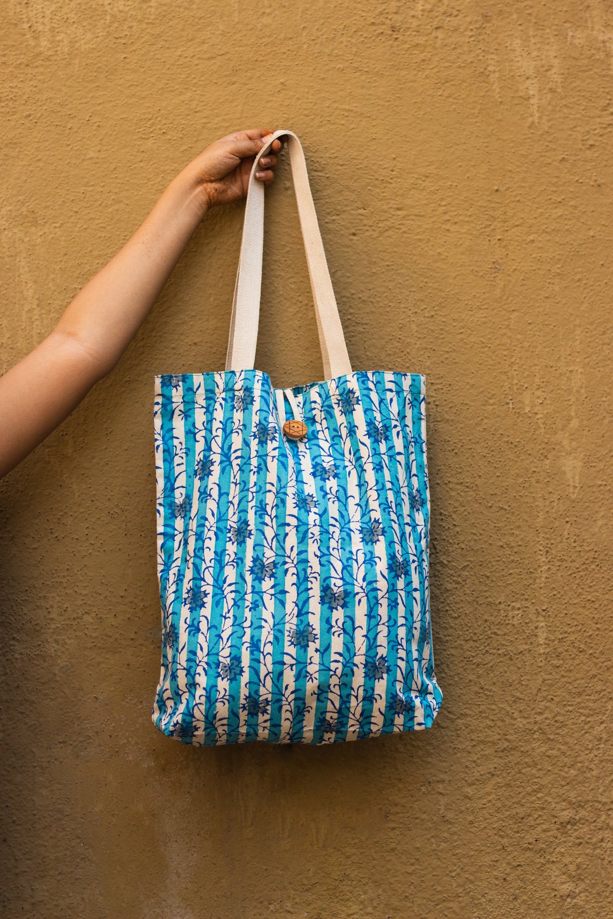 Cotton Shopping Tote Bag · Flowers With Stripes Blue-3