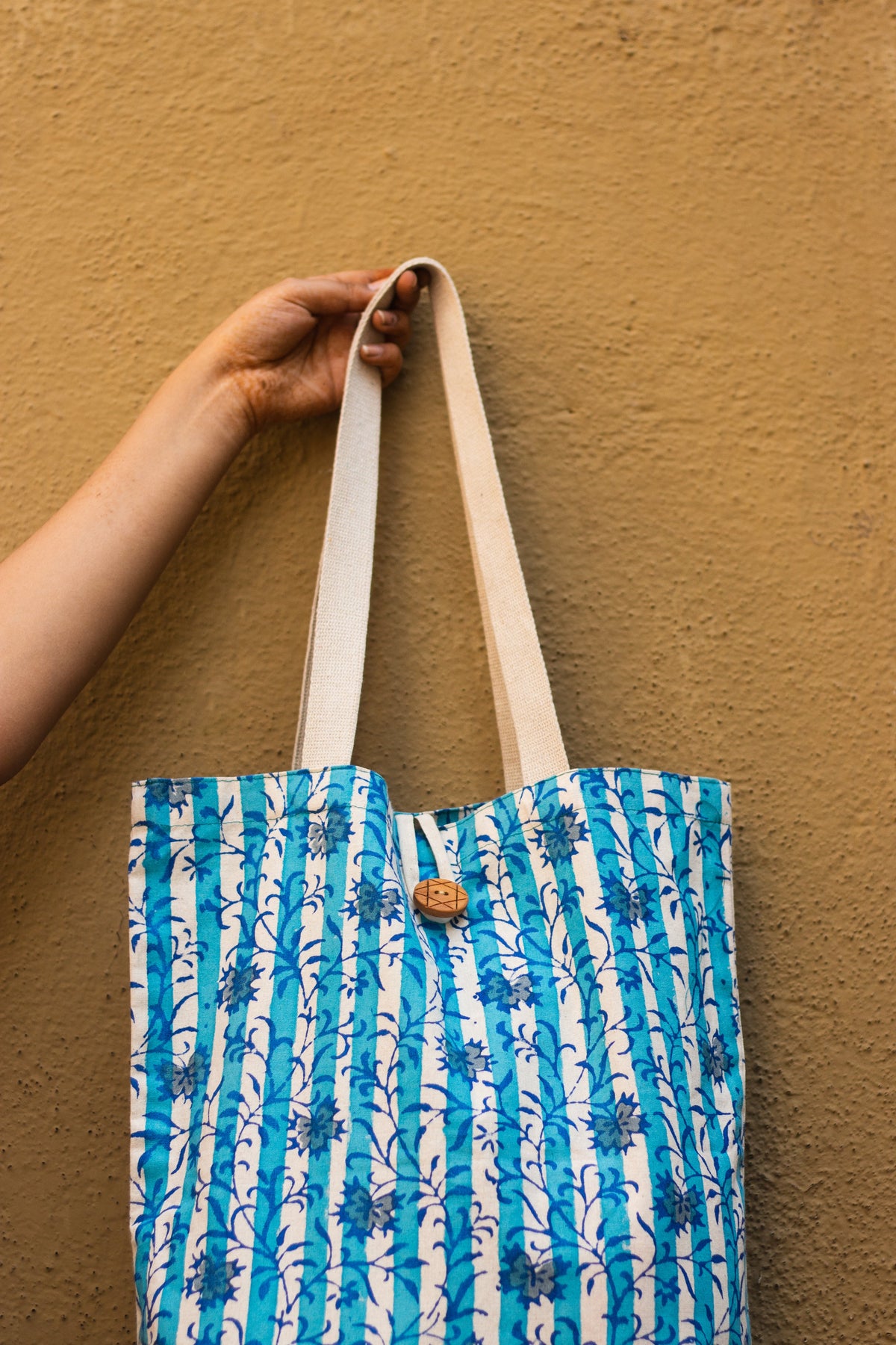 Cotton Shopping Tote Bag · Flowers With Stripes Blue-4