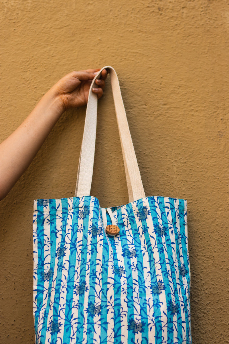 Cotton Shopping Tote Bag · Flowers With Stripes Blue-4