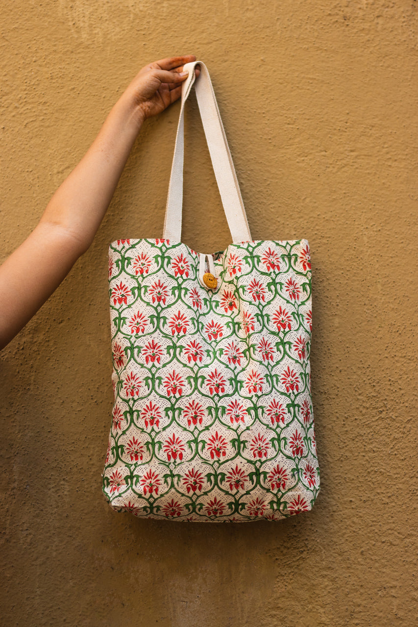 Cotton Shopping Tote Bag · Mughal Trellis Red and Green-1