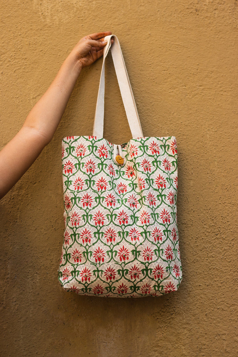 Cotton Shopping Tote Bag · Mughal Trellis Red and Green-1