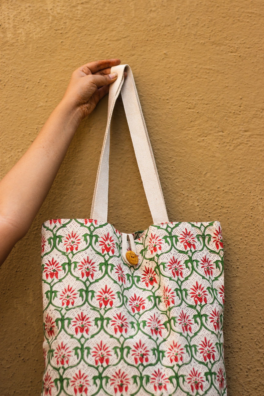 Cotton Shopping Tote Bag · Mughal Trellis Red and Green-2
