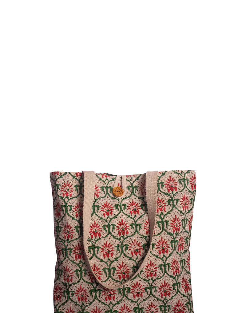 Cotton Shopping Tote Bag · Mughal Trellis Red and Green-4
