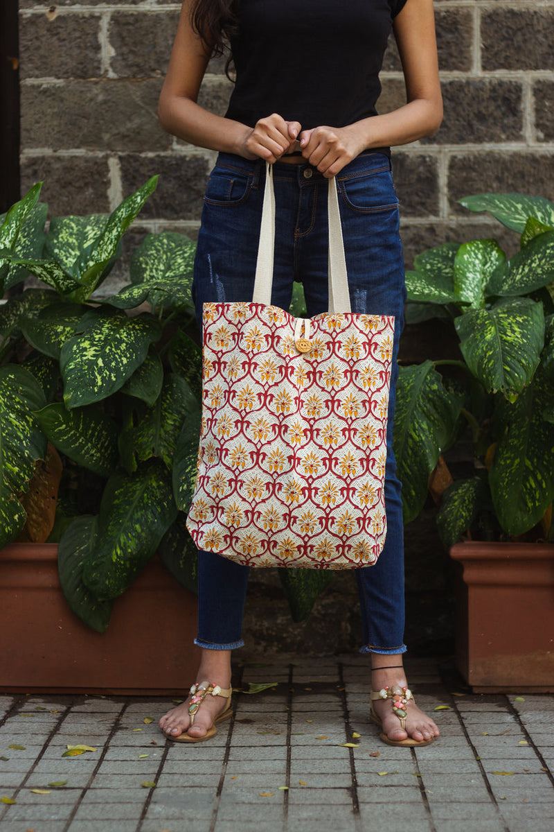 Cotton Shopping Tote Bag · Mughal Trellis Red and Orange-1