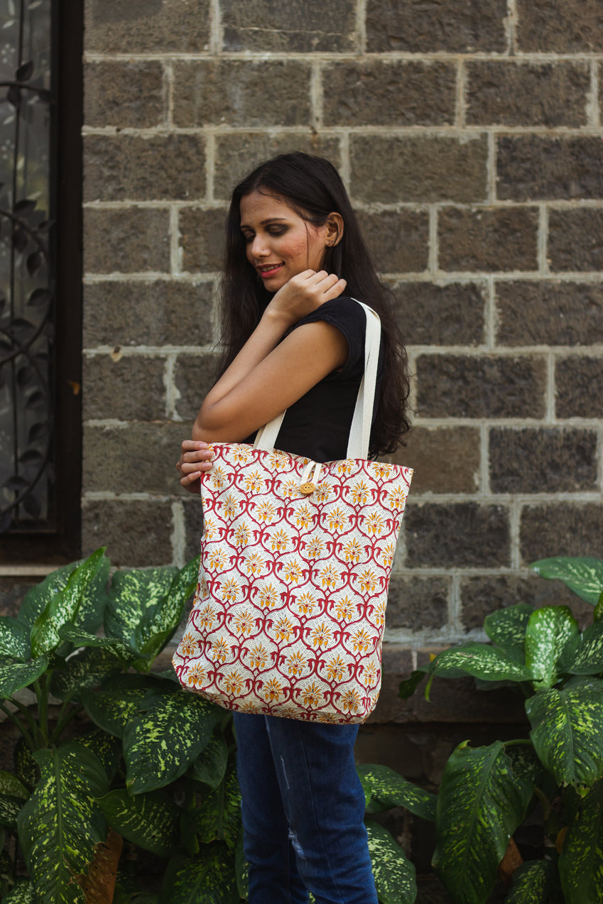 Cotton Shopping Tote Bag · Mughal Trellis Red and Orange-7