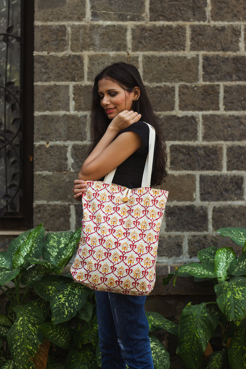 Cotton Shopping Tote Bag · Mughal Trellis Red and Orange-7