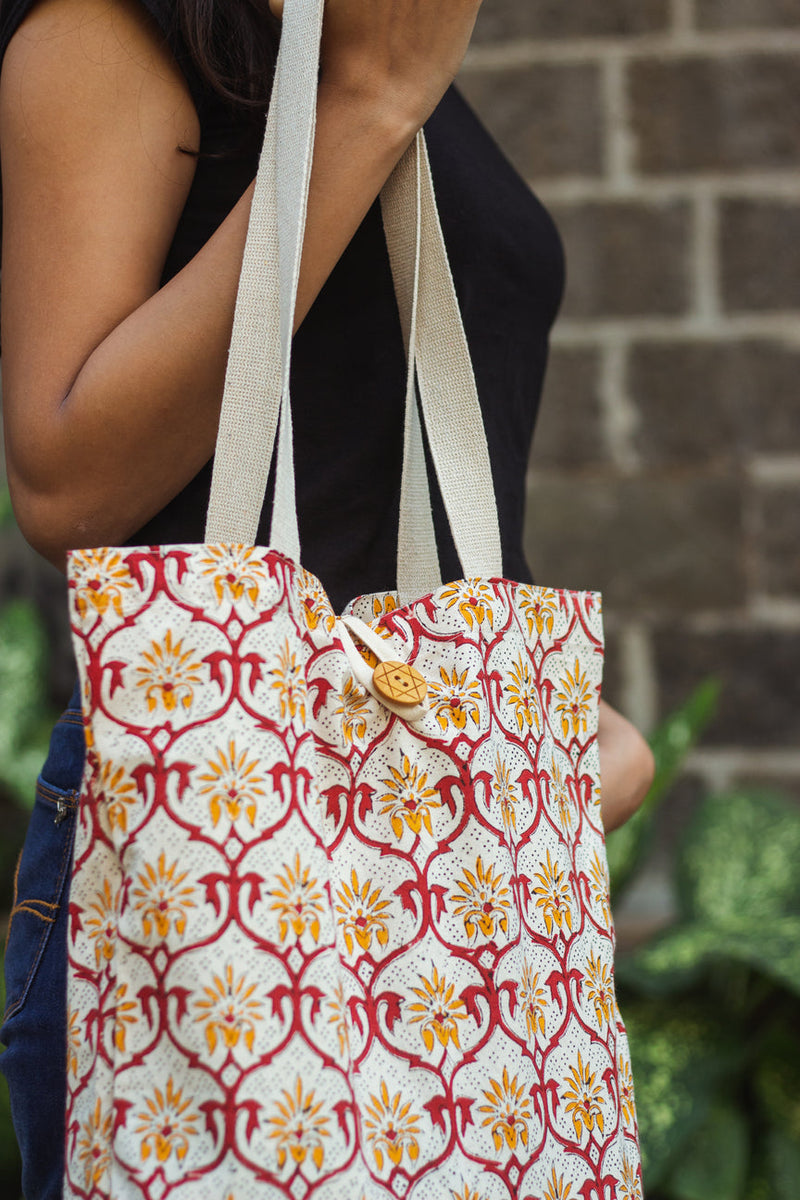 Cotton Shopping Tote Bag · Mughal Trellis Red and Orange-2