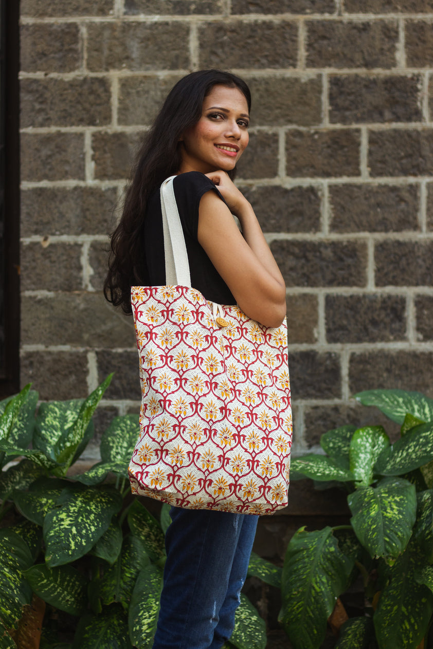 Cotton Shopping Tote Bag · Mughal Trellis Red and Orange-4