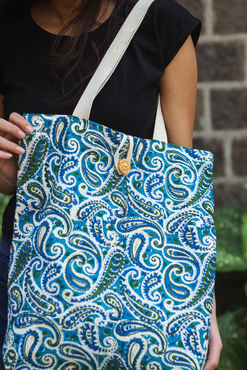 Cotton Shopping Tote Bag · Paisley Delight Blue-2