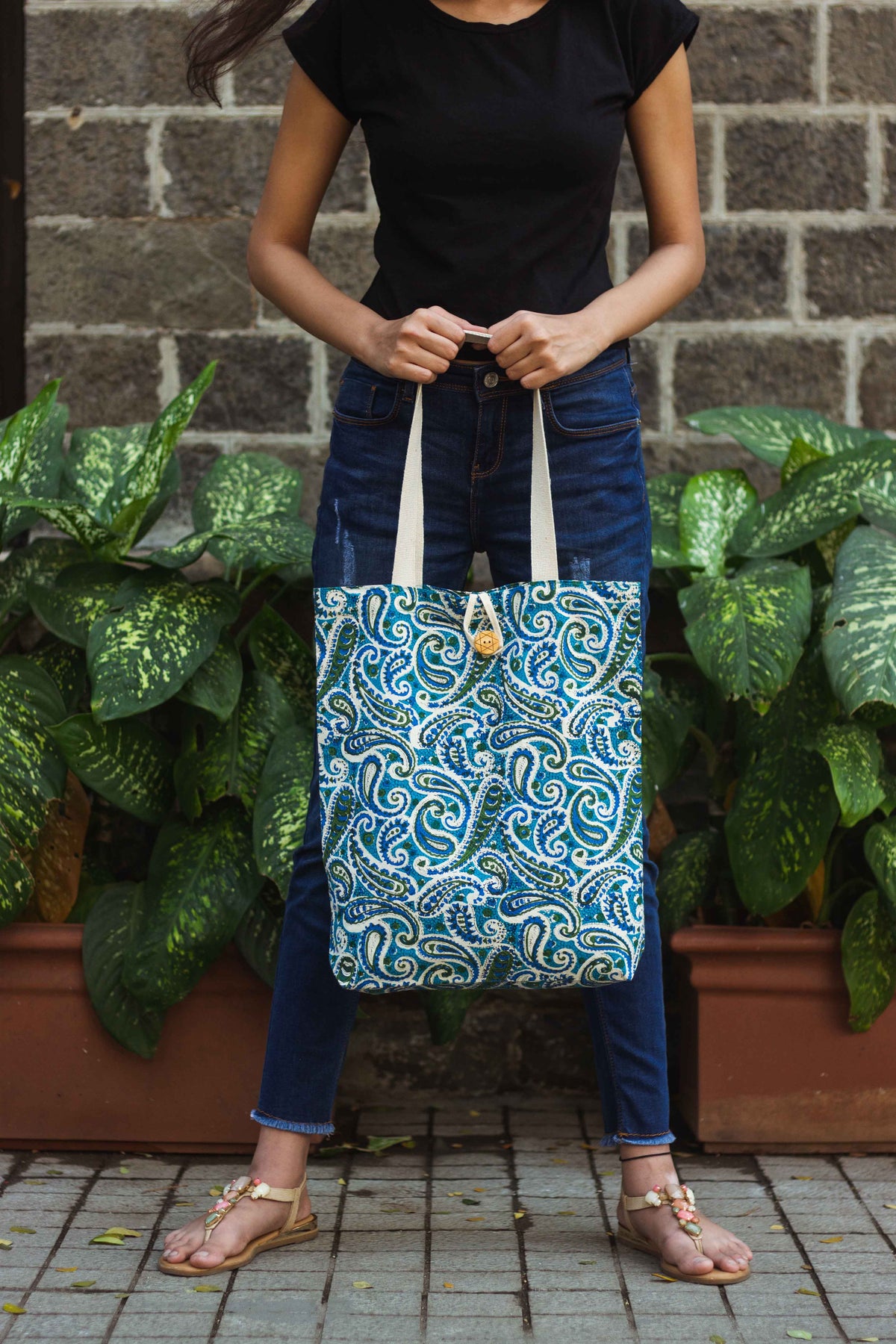 Cotton Shopping Tote Bag · Paisley Delight Blue-1