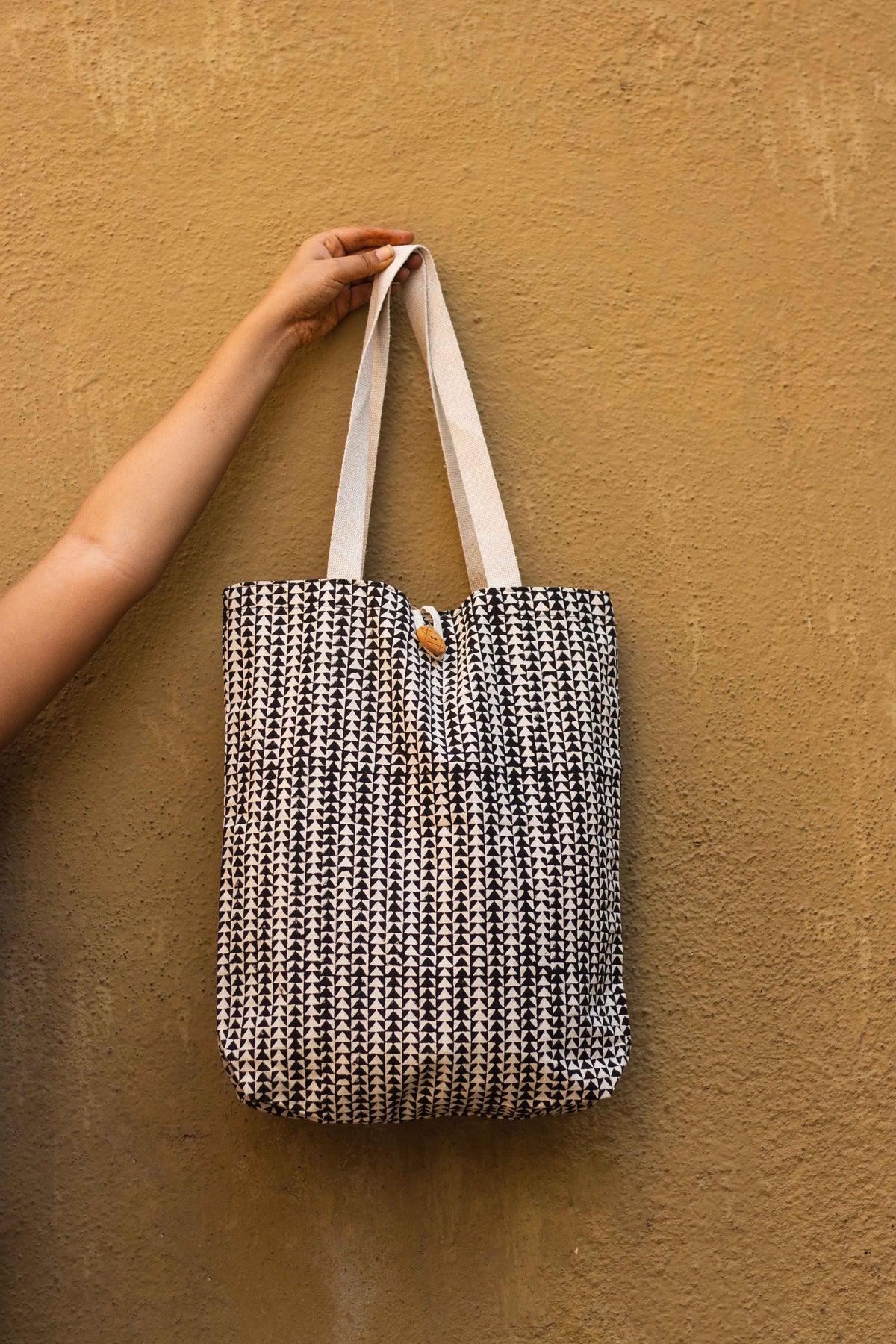 Cotton Shopping Tote Bag · Tiny Triangles Black-2