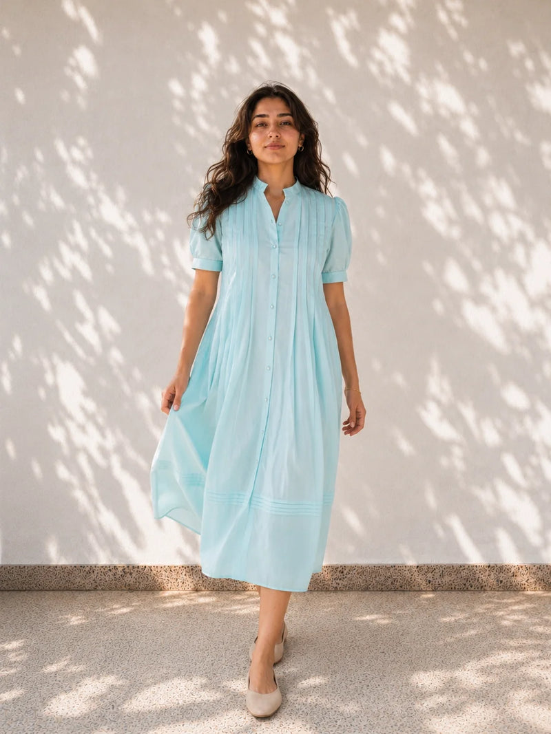 Blue Pleated Cotton Poplin Dress