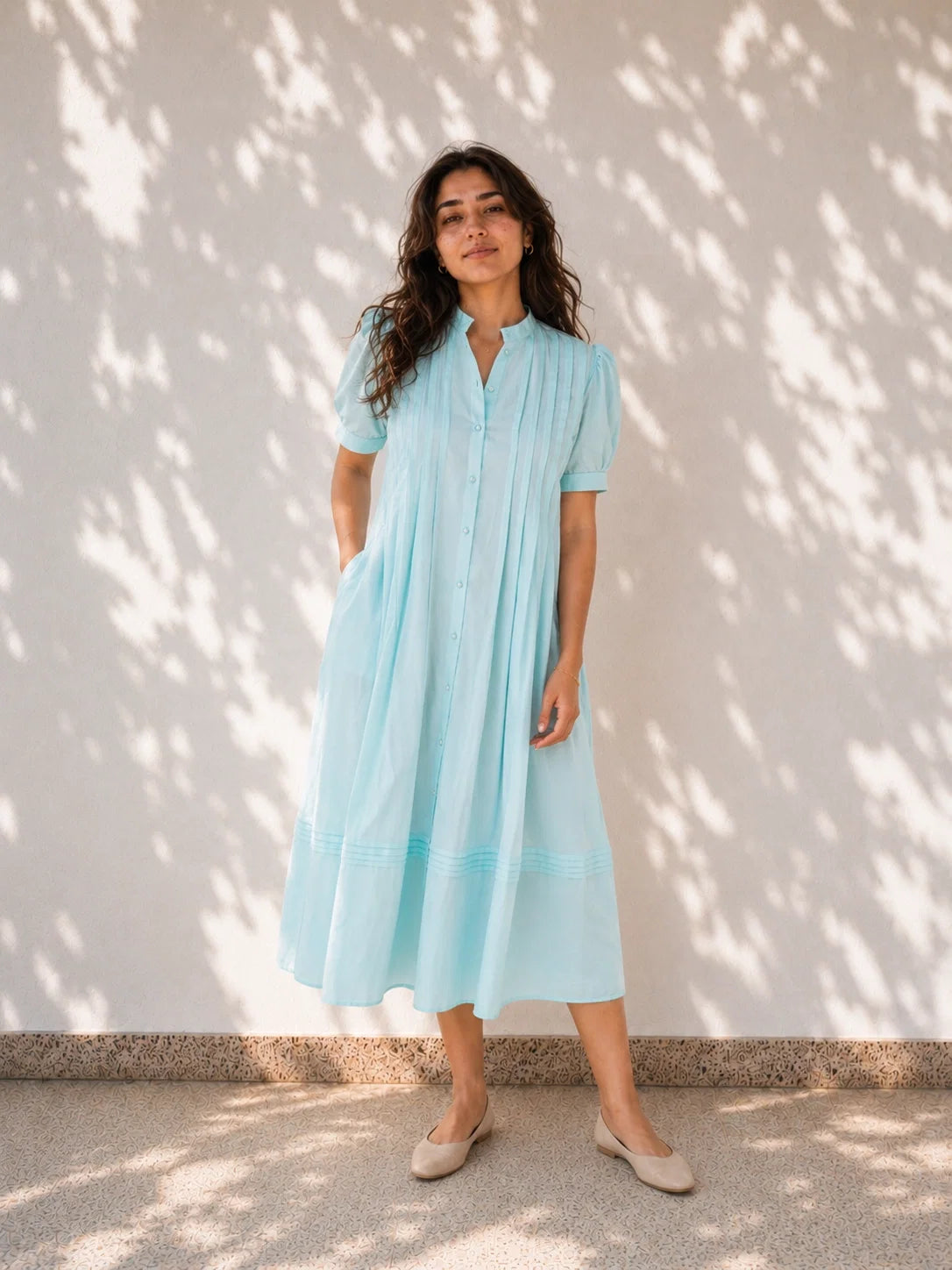 Blue Pleated Cotton Poplin Dress
