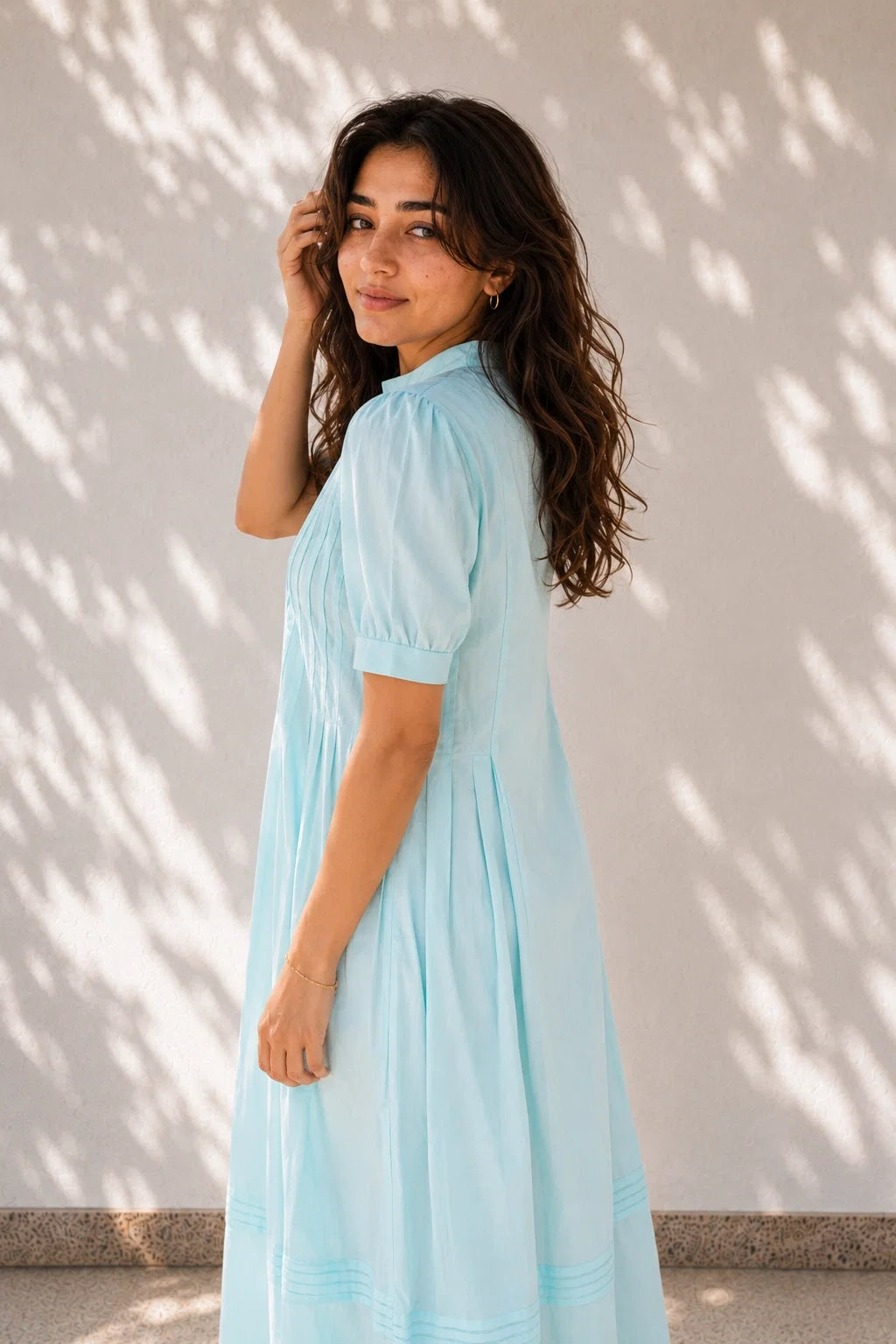 Blue Pleated Cotton Poplin Dress