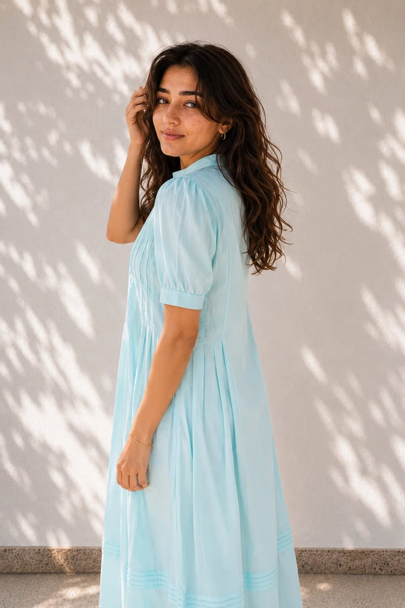 Blue Pleated Cotton Poplin Dress