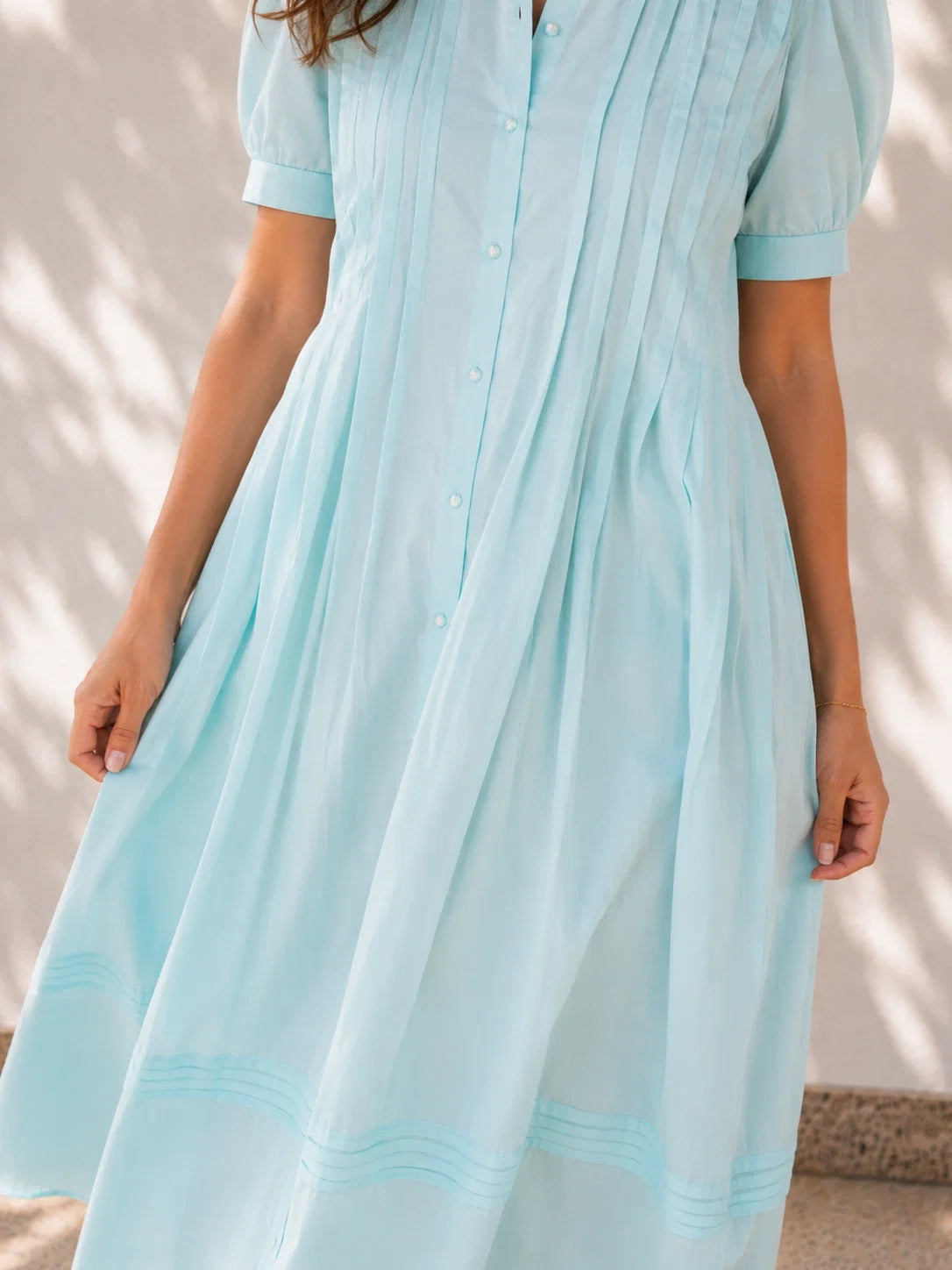 Blue Pleated Cotton Poplin Dress