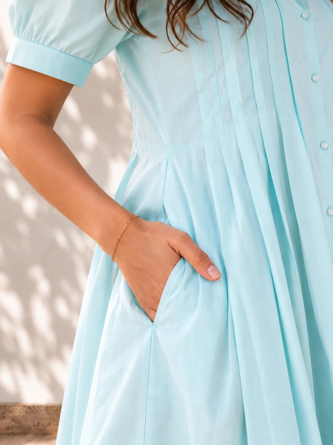 Blue Pleated Cotton Poplin Dress