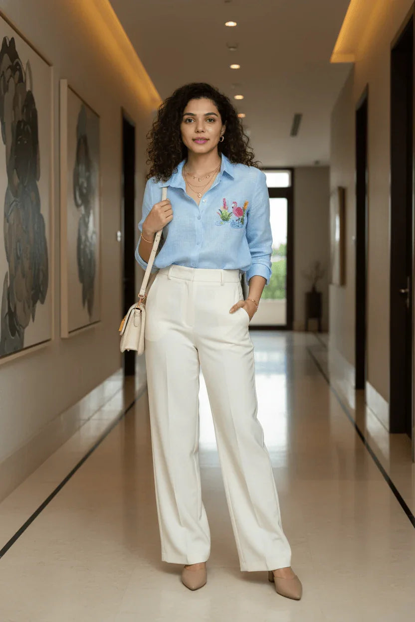 Blue Cotton Linen Shirt with Flamingo Embroidery
