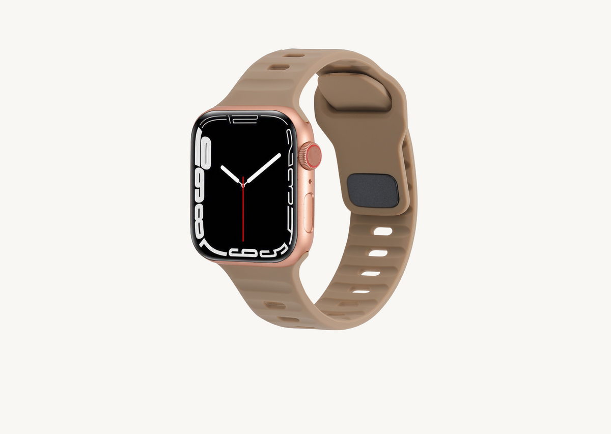 Pale Taupe Brown Rugged Silicone Apple Watch Band with Pin & Tuck Closure.